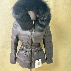 Moncler Women’s Black Down Puffer Jacket | Removable Fox Fur Hood, Cinched Waist